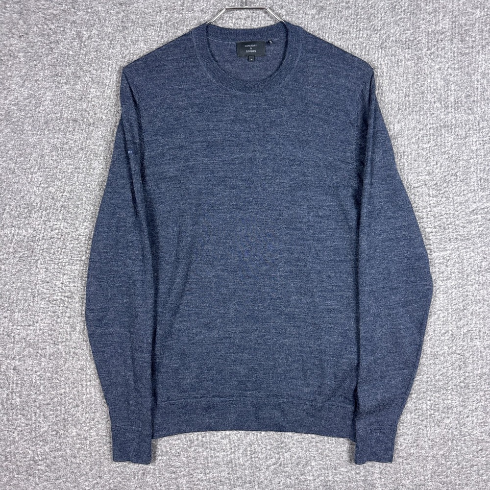 Superdry Studios Sweater Mens Medium Navy 100% Merino Wool Pullover Crew‎ Jumper